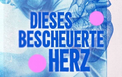 Schriftzug "Dieses bescheuerte Herz" vor Hintergrund einer blauen Fotografie, auf der sich zwei Menschen umarmen.