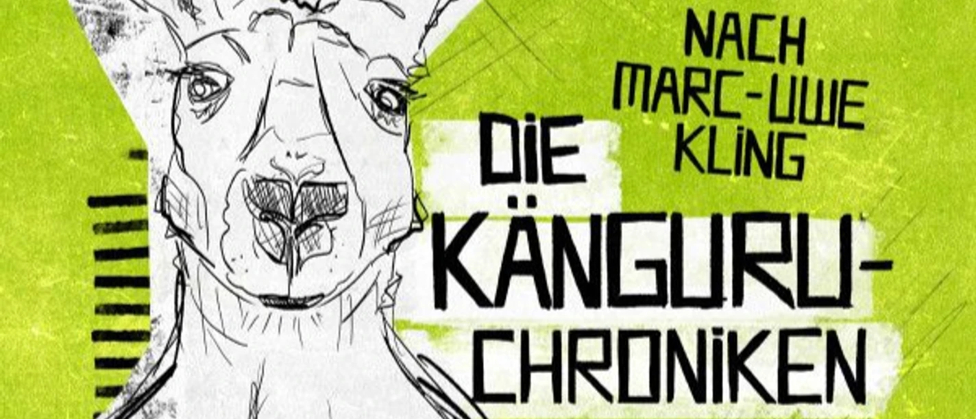 Zeichnung eines Kängurus vor grünem Hintergrund mit dem Schriftzug "Die Känguru-Chroniken".