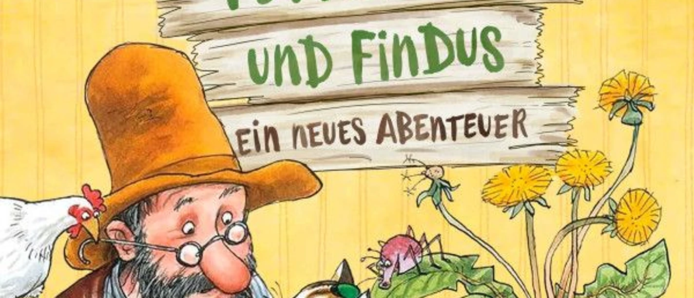 Pettersson und Findus_Ein neues Abenteur (c) DAS DA THEATER.jpg Illustration von Pettersson und Findus, die zusammen mit drei Hühnern an einem Tisch sitzen und malen.