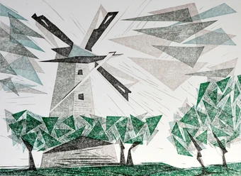 "Ballerina" ist der Spitzname der Windmühle Destel. Annette Dißlin fertigt Drucke von eigenen Farblinolschnitten in ihrer Druckwerkstatt.