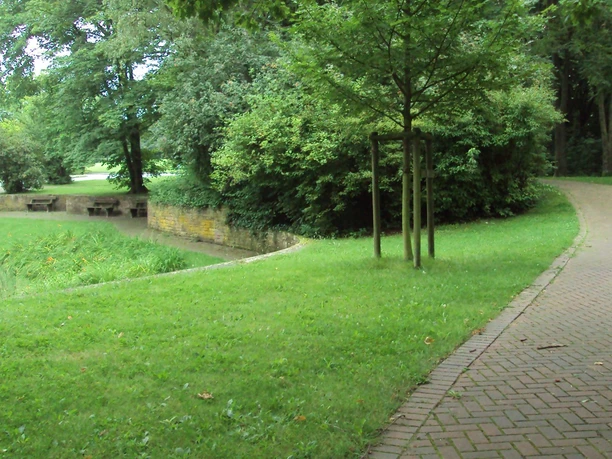 Gepflasterter Kurweg schlängelt sich durch eine grüne Parkanlage mit Bäumen und Sitzbänken.