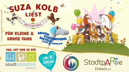 Suza Kolb StadtpARTie Bunte Ponys auf dem Plakat laden dich zur Haferhorde-Lesung ein. Bastle Steckenpferde!