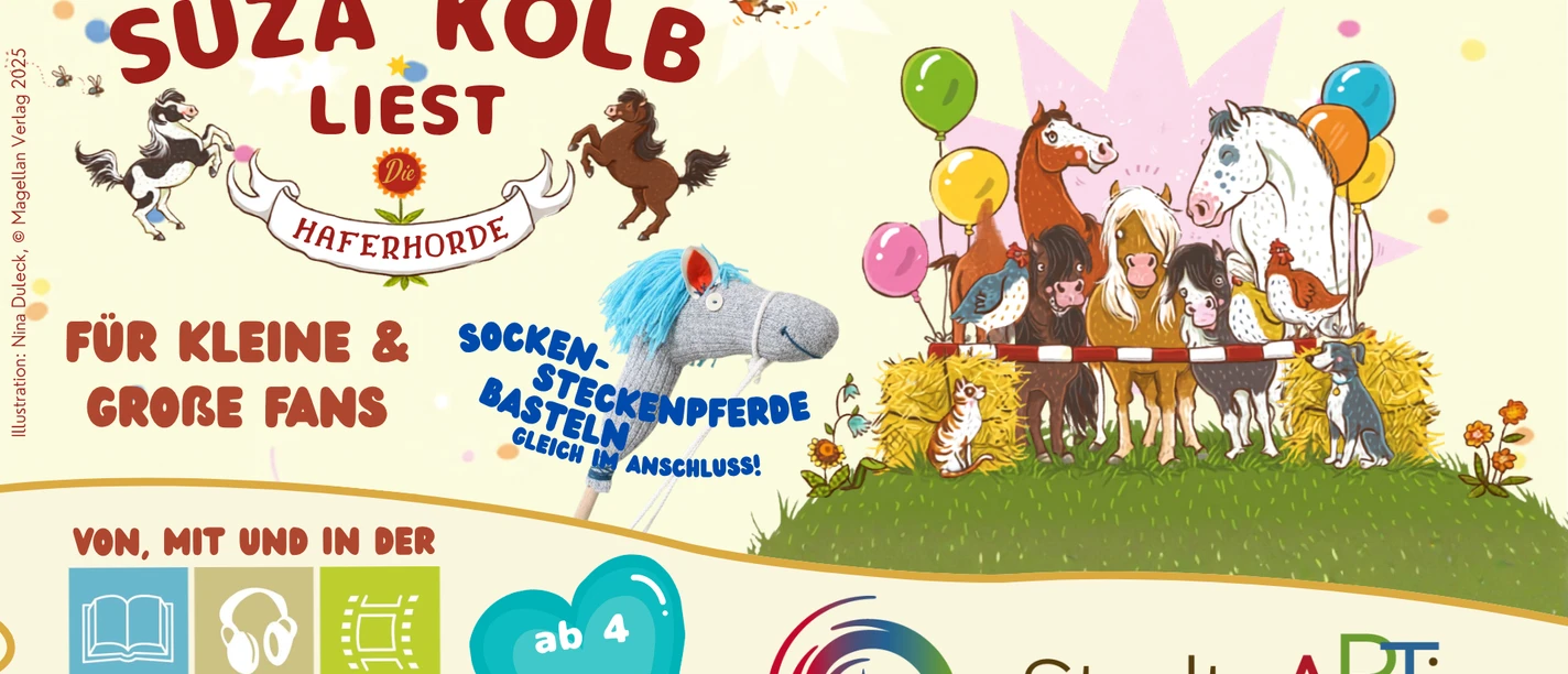 Suza Kolb StadtpARTie Bunte Ponys auf dem Plakat laden dich zur Haferhorde-Lesung ein. Bastle Steckenpferde!