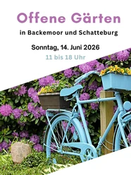Offene Gärten Backemoor.jpeg Blaues Fahrrad lehnt an Holzzaun mit lila blühenden Pflanzen im Hintergrund