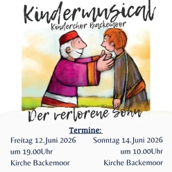 Kindermusical.png Plakat: Kindermusical Der verlorene Sohn. Ein Vater umarmt liebevoll seinen Sohn.