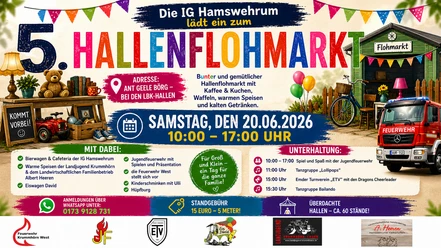 Hallenflohmarkt Hamswehrum Plakat für den 5. Hallenflohmarkt in Hamswehrum mit Spielzeug, Fahrrad und einem Feuerwehrauto.