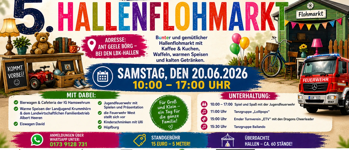 Hallenflohmarkt Hamswehrum Plakat für den 5. Hallenflohmarkt in Hamswehrum mit Spielzeug, Fahrrad und einem Feuerwehrauto.