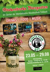 Plakat Biergarten Einbeck 2026 Plakat für Stukenbroks Biergarten mit Daten, Fotos von Gästen und Grillwürstchen.