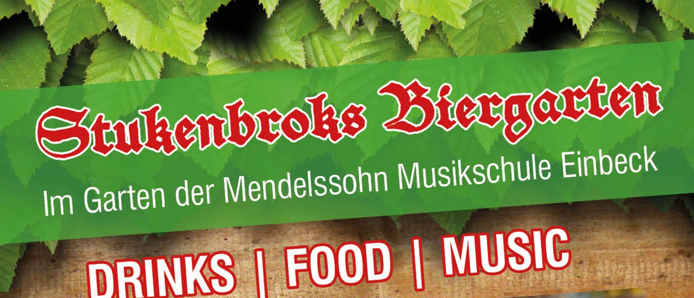 Plakat Biergarten Einbeck 2026 Plakat für Stukenbroks Biergarten mit Daten, Fotos von Gästen und Grillwürstchen.