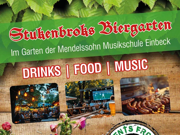 Plakat Biergarten Einbeck 2026 Plakat für Stukenbroks Biergarten mit Daten, Fotos von Gästen und Grillwürstchen.