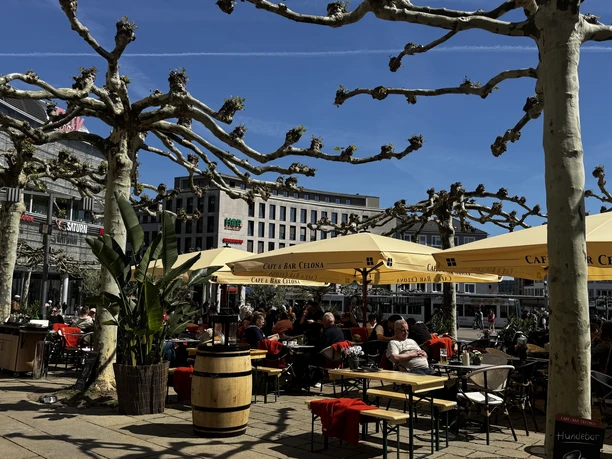 Cafe & Bar Celona Königsplatz_Außenbereich Der Außenbereich vom Celona auf dem Königsplatz in Kassel mit Sonnenschirmen und Sitzgelegenheiten.