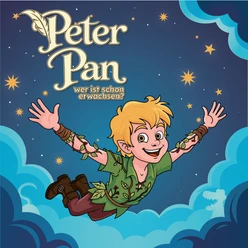 Freilichtbühne Nettelstedt - Peter Pan Illustration von Peter Pan fliegend über Wolken vor Sternenhimmel, Titel der Aufführung sichtbar