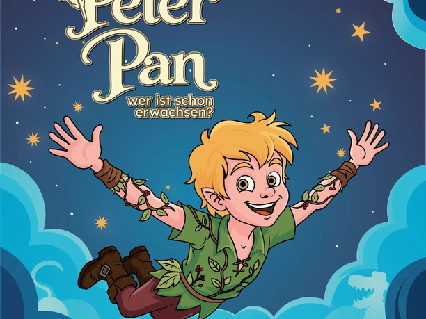 Freilichtbühne Nettelstedt - Peter Pan Illustration von Peter Pan fliegend über Wolken vor Sternenhimmel, Titel der Aufführung sichtbar