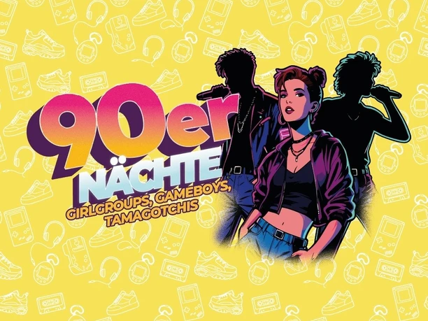 Freilichtbühne Nettelstedt 90er Nächte – Girlgroups, Gameboys und Tamagotchis.jpg Plakat 90er Nächte mit Sängerinnen, Mikrofonen und Retro-Icons wie Gameboy