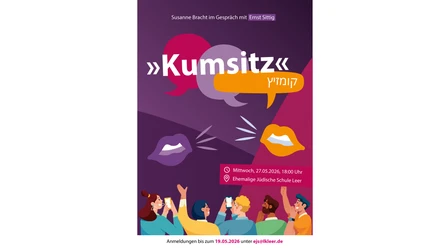 Kumsitz, Erst Sittig.jpg Lila Plakat zum Gespräch Kumsitz mit Susanne Bracht und Ernst Sittig sowie bunten Sprechblasen.