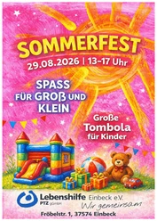 sommerfest_a4_mit_beschnitt.jpg Buntes Sommerfest-Plakat mit großer Sonne, Hüpfburg, Teddybär und Geschenken.