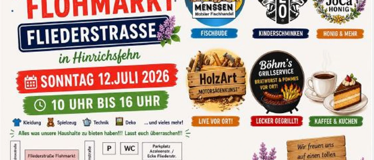 Straßenflohmarkt Fliederstraße.JPG Veranstaltungsplakat für den Straßenflohmarkt Fliederstraße am 12. Juli 2026 mit Programm.