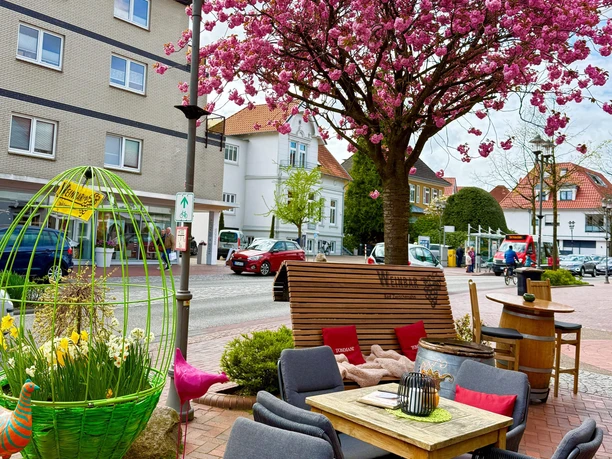 weinbar-sitzecke.jpg Sitzplätze mit Sesseln und roten Kissen unter einem rosa blühenden Kirsch-Baum.