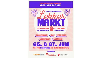 FlyerLekkermarkt.jpg Flyer für den 6. Ostfriesischen Lekkermarkt am 6. und 7. Juni mit Streetfood und Kleinkunst.