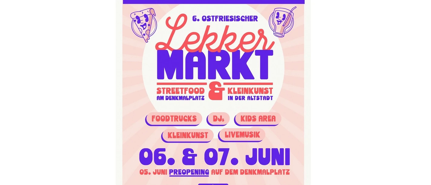 FlyerLekkermarkt.jpg Flyer für den 6. Ostfriesischen Lekkermarkt am 6. und 7. Juni mit Streetfood und Kleinkunst.