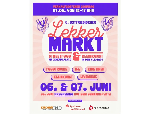 FlyerLekkermarkt.jpg Flyer für den 6. Ostfriesischen Lekkermarkt am 6. und 7. Juni mit Streetfood und Kleinkunst.
