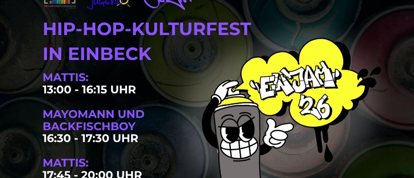 Hip-Hop Kulturfest.jpg Eventplakat für das Hip-Hop-Kulturfest EinJam 2026 vor einem bunten Spraydosen-Hintergrund.