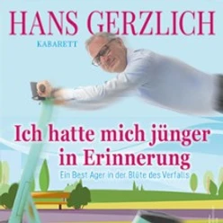Plakat mit Schrift und Illustration eines Mannes auf E‑Scooter zu einem Kabarettprogramm.