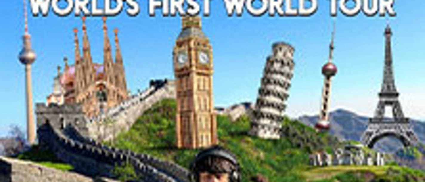 Person auf der Großen Mauer vor Collage globaler Wahrzeichen und Tourtitel im Himmel