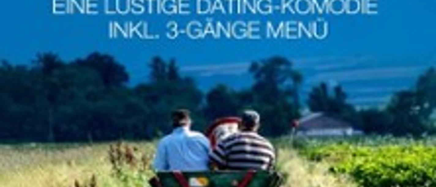 Zwei Personen auf einem Traktorwagen auf Feldweg mit Werbetext Landei gesucht