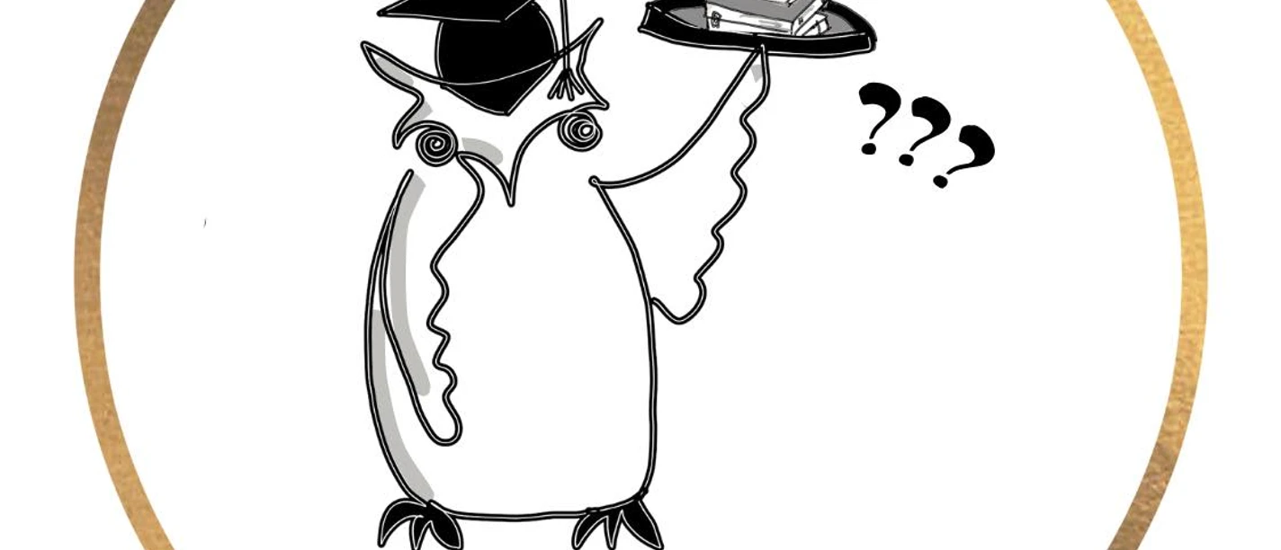 Fehntjer Kneipen-Quiz.jpg Logo Fehntjer Kneipen-Quiz: Gezeichnete Eule mit Doktorhut serviert einen Bücherstapel.