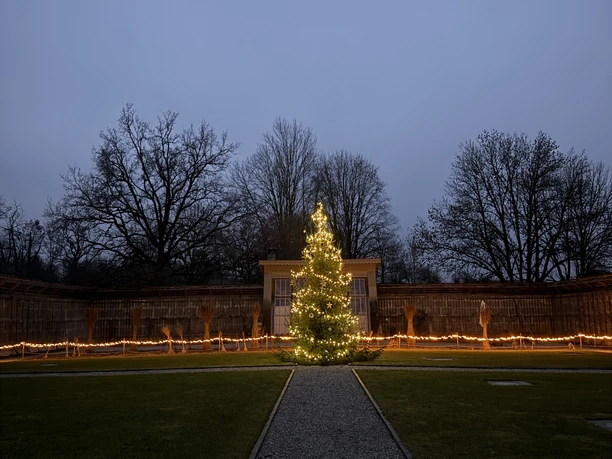 Leuchtender Weihnachtsbaum inmitten der Orangerie