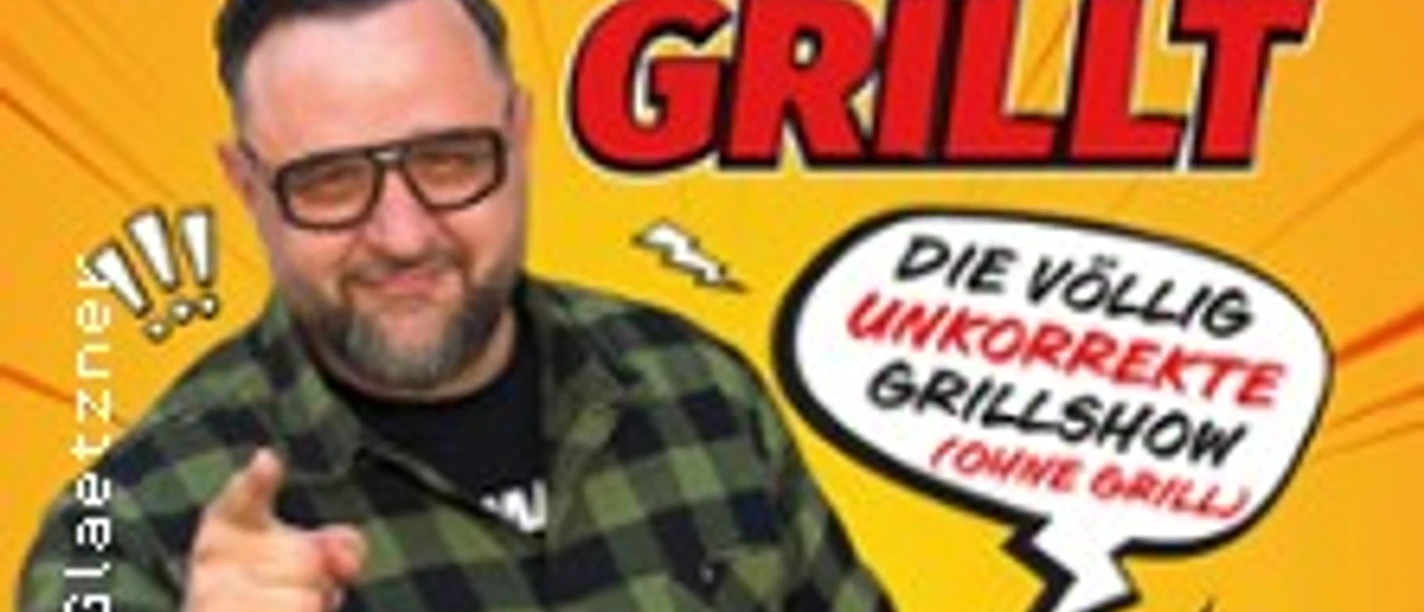 Mann mit Sonnenbrille zeigt nach vorn vor gelbem Comic-Hintergrund mit Showtiteln.