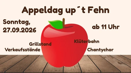 Appeldag up´t Fehn.jpg Du siehst ein Plakat mit einem roten Apfel für den Appeldag up't Fehn am 27.09.2026.