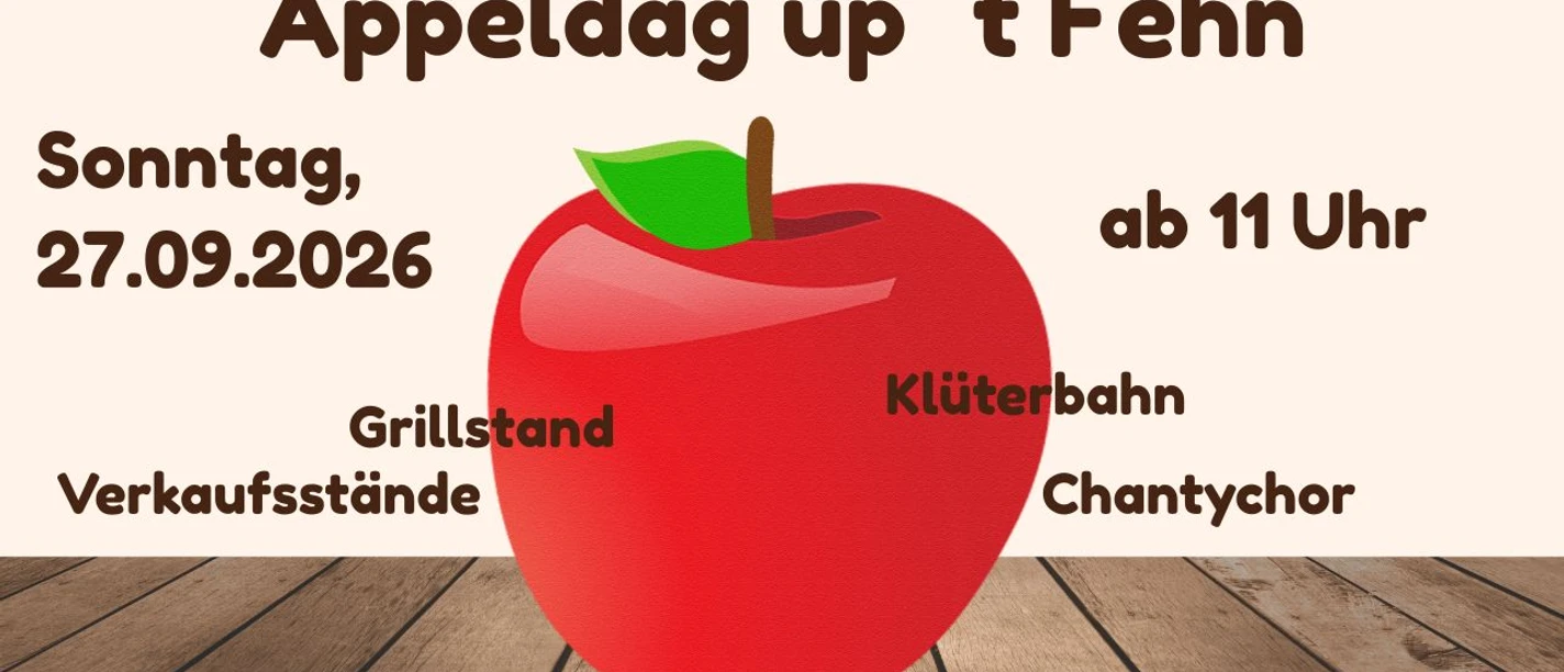 Appeldag up´t Fehn.jpg Du siehst ein Plakat mit einem roten Apfel für den Appeldag up't Fehn am 27.09.2026.