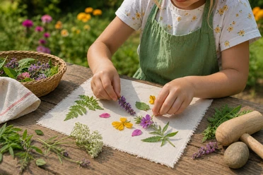 Natur-Kunstdruck mit Kräutern für Kinder auf Schloss Benkhausen