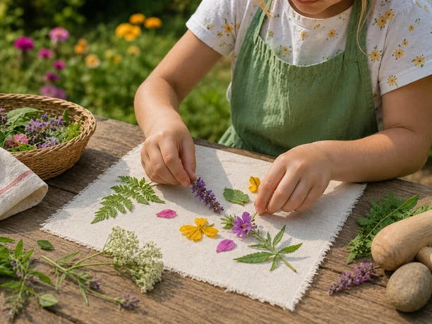 Natur-Kunstdruck mit Kräutern für Kinder auf Schloss Benkhausen