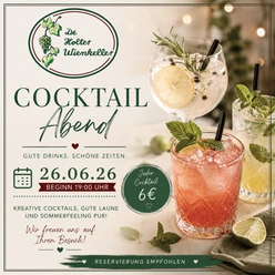 Cocktail Abend.png Plakat für den Cocktailabend im De Holter Wienkeller mit drei dekorierten Sommerdrinks.