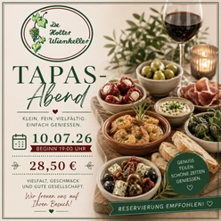 file_0000000023047246977ac83a929fd0ac.png Plakat für einen Tapas-Abend mit diversen Speisen auf einem Holzbrett und einem Glas Rotwein.