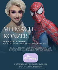 Mitmachkonzert Zwei verkleidete Figuren als Schneekönigin und Spinnenheld vor Konzertankündigung
