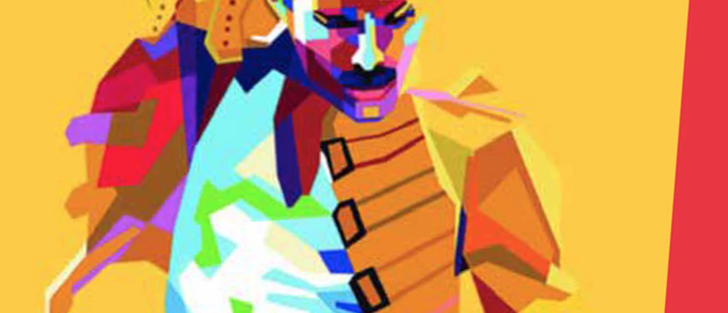 Freddie Mercury Stilisierte Grafik eines Sängers im gelben Bühnenoutfit mit erhobenem Arm vor gelbem Hintergrund