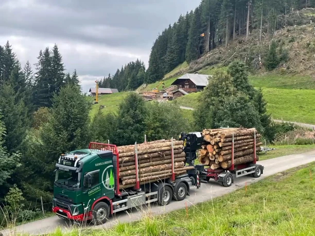 Abächerli Forstunternehmen AG Truck mit Baumstämmen beladen fährt durch den Wald