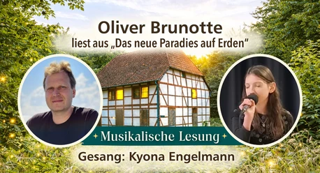 MusikLesung-banner.jpg Plakat: Musikalische Lesung mit Oliver Brunotte und Kyona Engelmann vor einem Fachwerkhaus.