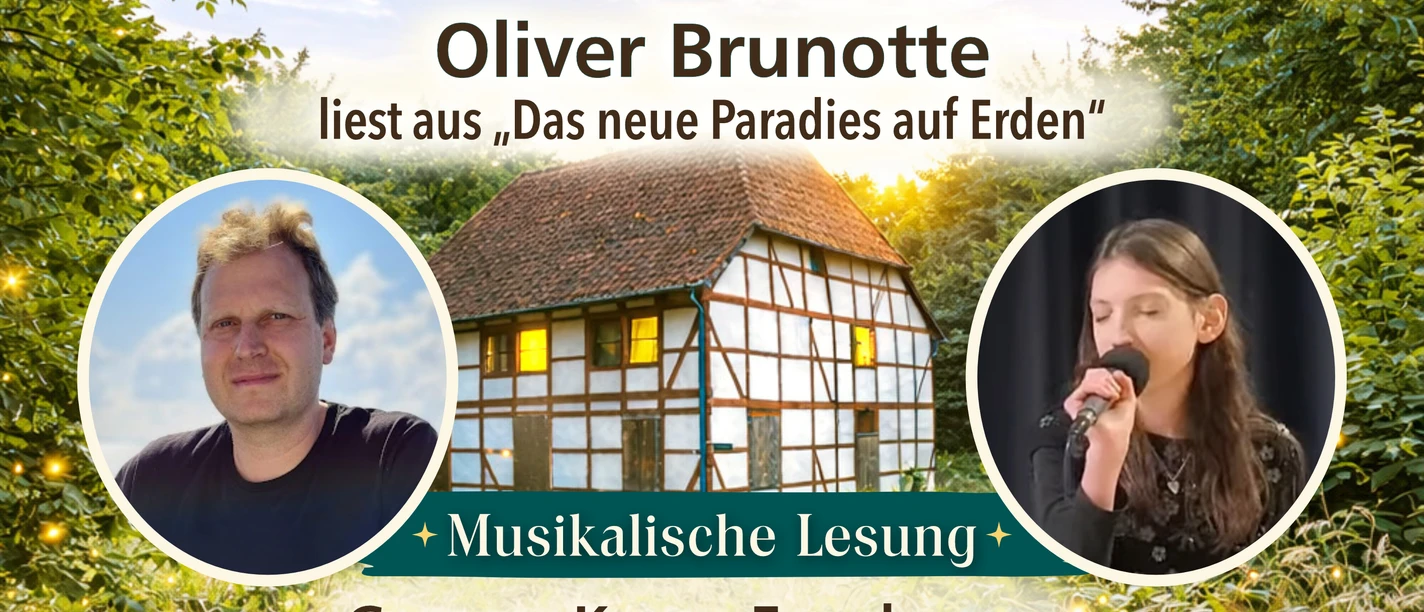 MusikLesung-banner.jpg Plakat: Musikalische Lesung mit Oliver Brunotte und Kyona Engelmann vor einem Fachwerkhaus.