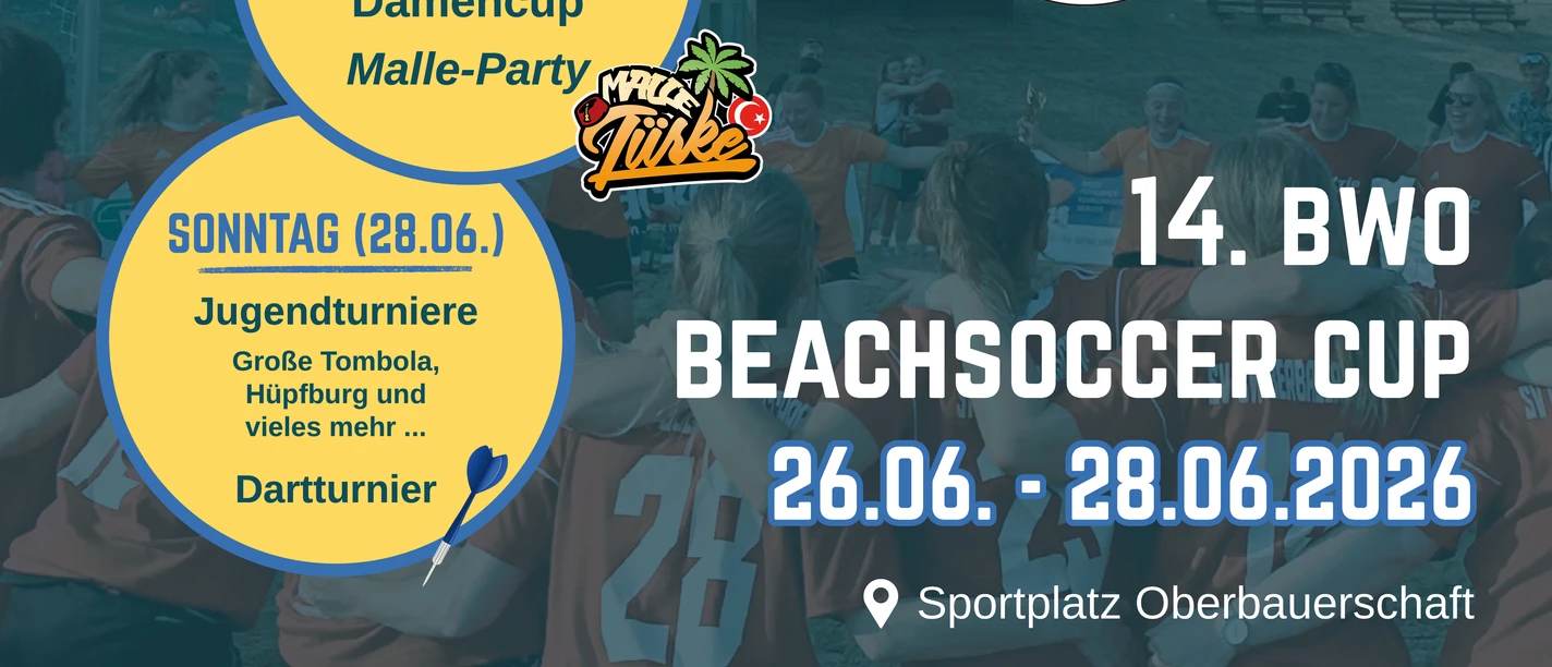 Beachsoccer Cup 2026 Plakat 14. BWO Beachsoccer Cup 26.–28.06.2026 mit Turnieren, Party und Tombola