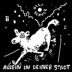 Gezeichnete Stadtszene mit Hund und den Schriftzügen Olli Schulz und Allein in deiner Stadt