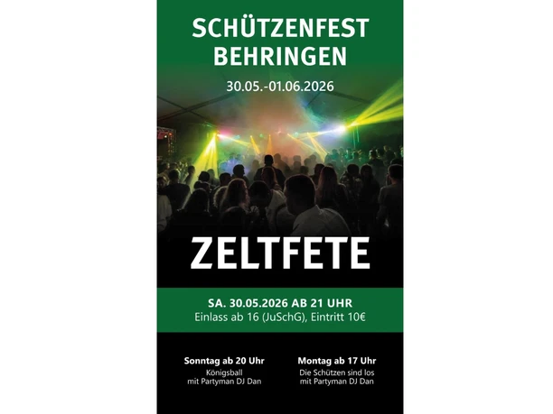 Schuetzenfest-behringen_2026.jpg Plakat Schützenfest Behringen 2026: Zeltfete mit feiernder Menge in grünem Laserlicht.