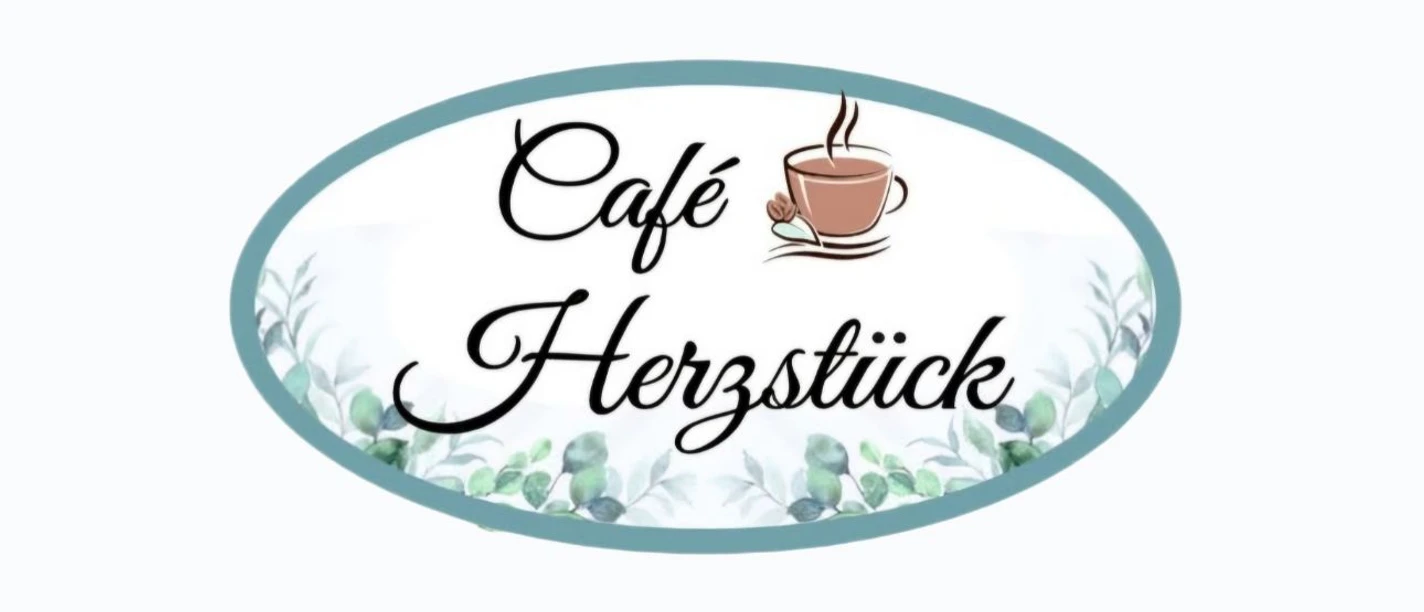 Café Herzstücke Ovales Logo mit Schriftzug Café Herzstück, einer Kaffeetasse und grünen Zweigen.