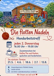 Die flotten Nadeln.png Flyer für den Handarbeitstreff Die flotten Nadeln mit vier strickenden Hühnern.