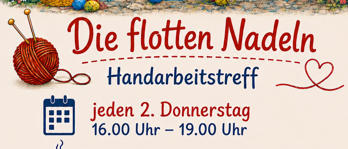 Die flotten Nadeln.png Flyer für den Handarbeitstreff Die flotten Nadeln mit vier strickenden Hühnern.
