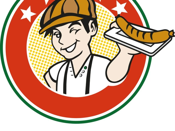 Auf dem Logo des Wurst-Restaurants hält ein Junge mit Kappe und Hosenträgern ein Tablett mit einer Wurst in der Hand. Das Logo wird von verschiedenen Ringen begrenzt. Im inneren Ring sind vier Sterne nebeneinander abgebildet.